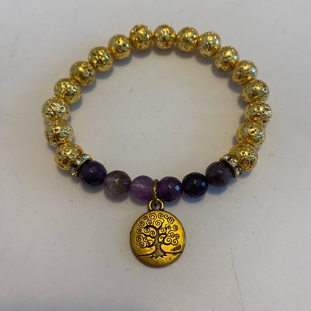 Bracelet Tree of Life Stretch Bracelet Amethyst Gold Tone Lava Beads